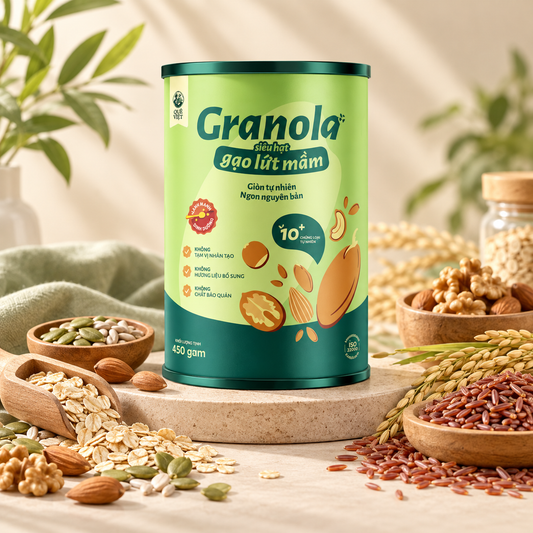 Granola siêu hạt gạo lứt mầm Quê Việt, nguyên liệu hữu cơ 450g - H09