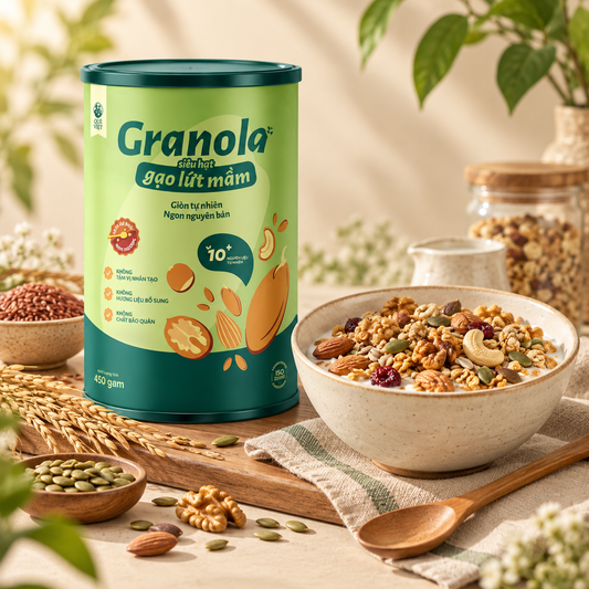 Granola siêu hạt gạo lứt mầm Quê Việt, nguyên liệu hữu cơ 450g - H09